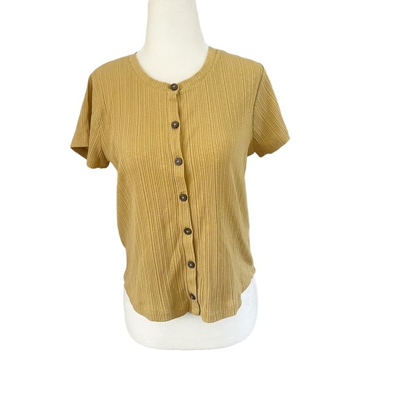 Madewell Womans Button Front Ribbed Cropped Tee mustard Size Medium. - Picture 1 of 7